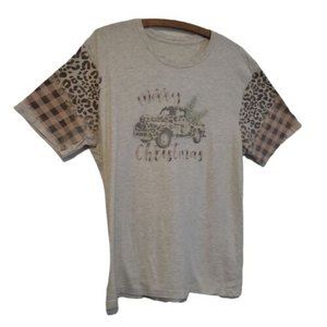 t shirt camo merry christmas truck buffalo plaid animal print sleeves beige sz l